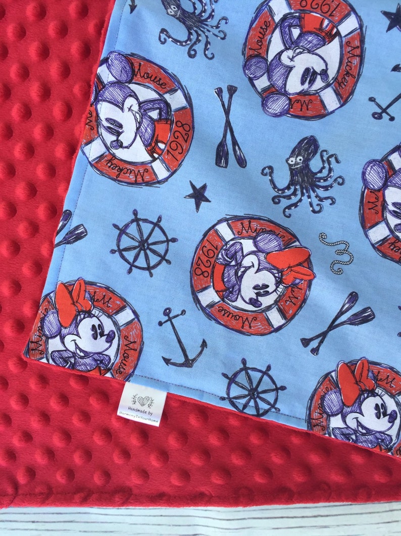 Red Minky Handmade Nautical Cotton Minnie Mickey Baby Blanket Baby Shower Gift Ready to Ship Disney Mouse