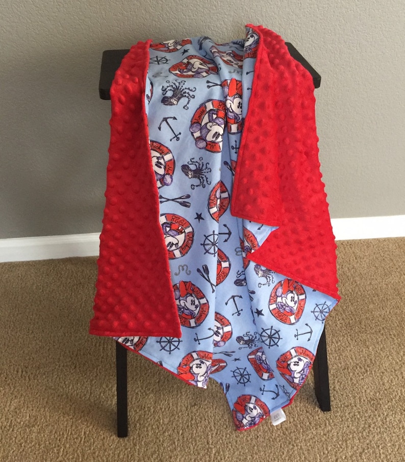 Red Minky Handmade Nautical Cotton Minnie Mickey Baby Blanket Baby Shower Gift Ready to Ship Disney Mouse