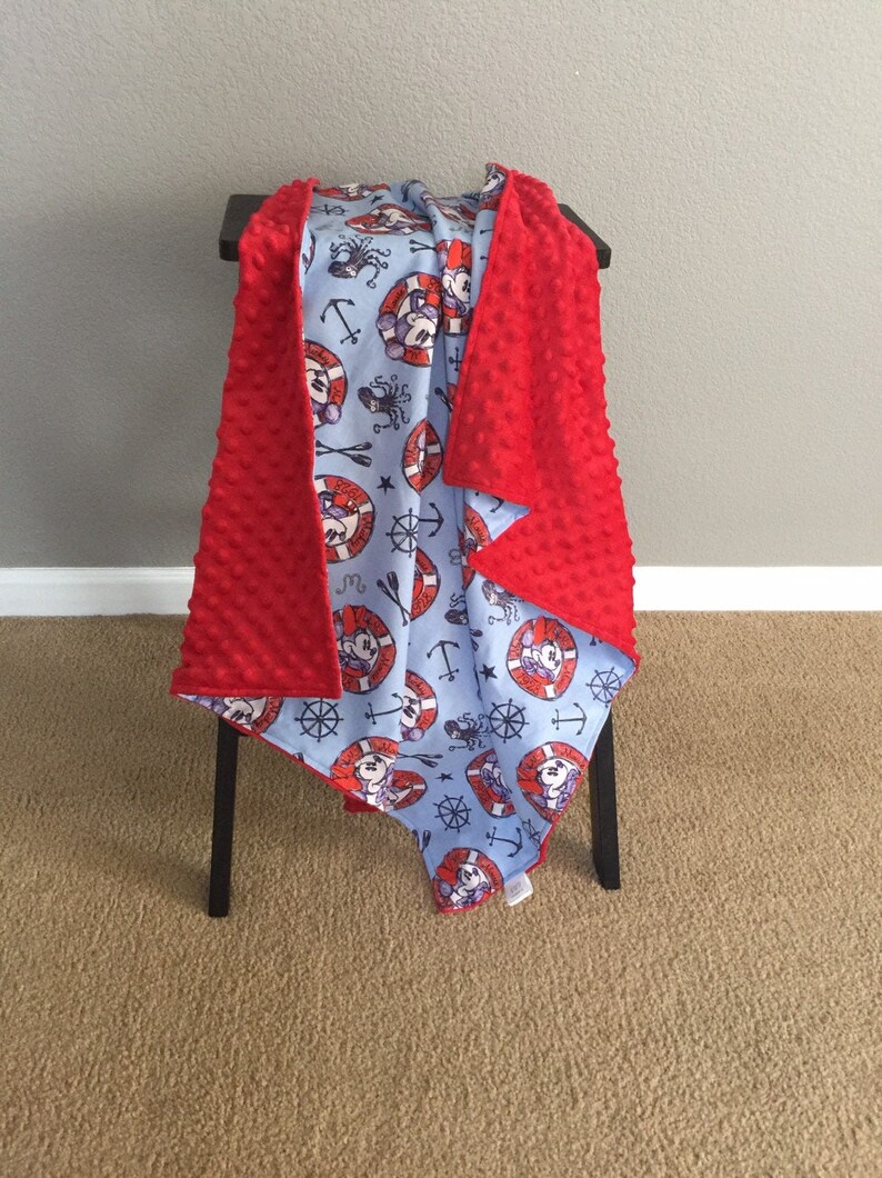 Red Minky Handmade Nautical Cotton Minnie Mickey Baby Blanket Baby Shower Gift Ready to Ship Disney Mouse