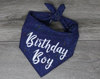 NEW I Happy Birthday Dog Bandana - Birthday Girl Boy Dog Bandana - Tie On Bandana - "Rainbow Navy Birthday"