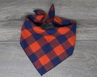 Blue Orange Triangle - Plaid Dog Bandana - Tie On Bandana - "Blue Orange Checkered"