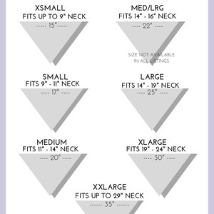 May include: A chart showing different sizes for dog collars with neck measurements in inches and corresponding collar lengths in inches. The chart includes sizes X-Small, Small, Medium, Large, X-Large, and XX-Large.
