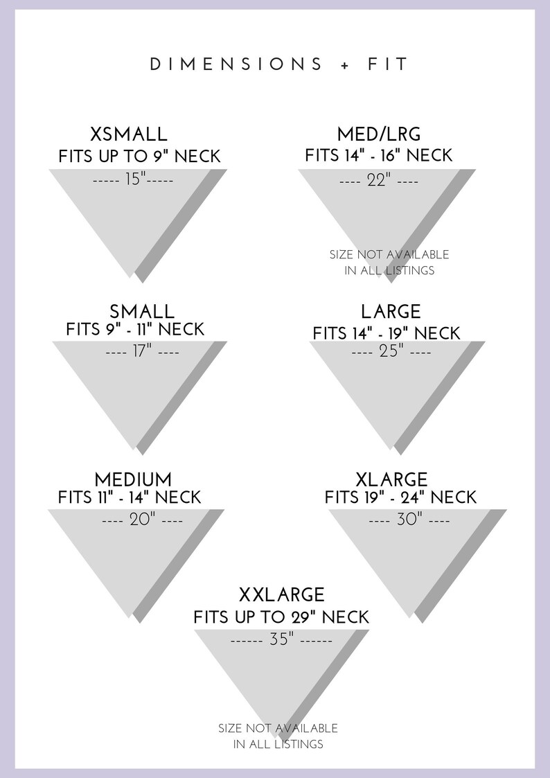 May include: A chart showing different sizes for dog collars with neck measurements in inches and corresponding collar lengths in inches. The chart includes sizes X-Small, Small, Medium, Large, X-Large, and XX-Large.