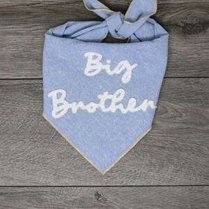 May include: A light blue triangular pet bandana featuring the white embroidered text Big Brother. The fabric has a heathered texture with a light tan finished edge and a knotted top section designed to be tied around a pet's neck for a secure fit.