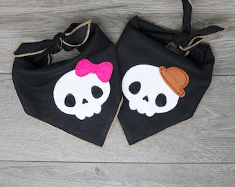 Custom Personalized Felt Dog Bandana - Triangle Tie On - Embroidered by Hand- Halloween Skulls