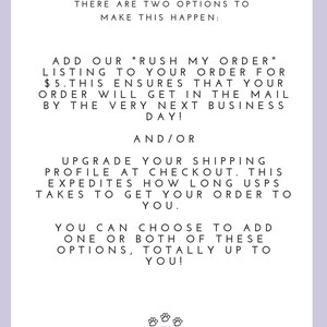 May include: Text on a white background with a purple border. The text reads: "Need your bandana ASAP? There are two options to make this happen: Add our "Rush My Order" listing to your order for &pound;5. This ensures that your order will get in the mail by the very next business day! And/or Upgrade your shipping profile at checkout. This expedites how long Royal Mail takes to get your order to you. You can choose to add one or both of these options, totally up to you!"  The text is followed by a logo that reads "The L Team Custom Bandanas".