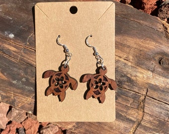 Koa Wood Earrings - Sea Turtle earrings with Plumeria - Summer Jewelry