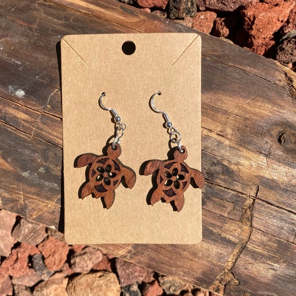 Sea Turtle earrings with Plumeria - Koa Wood -  Summer Jewelry