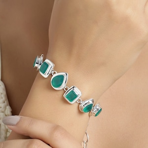 Grüner Onyx Edelstein massiv 925 Sterling Silber Gliederkette Designer Handgemacht Armband für Frauen - Mai Geburtsstein