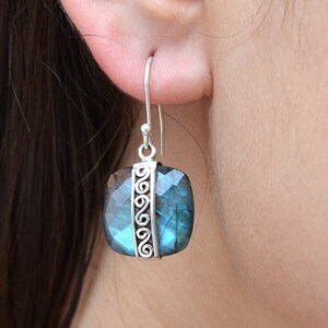 Labradorite Gemstone Solid 925 Sterling Silver Designer Handmade Dangle Earrings- February Birthstone