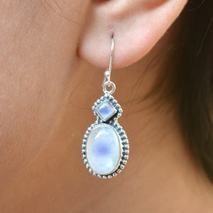 Rainbow Moonstone Gemstone Solid 925 Sterling Silver Designer Handmade Dangle Earrings- June Birthstone