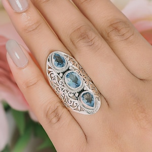 Blue Topaz Gemstone Solid 925 Sterling Silver Designer Handmade Filigree Ring- December Birthstone