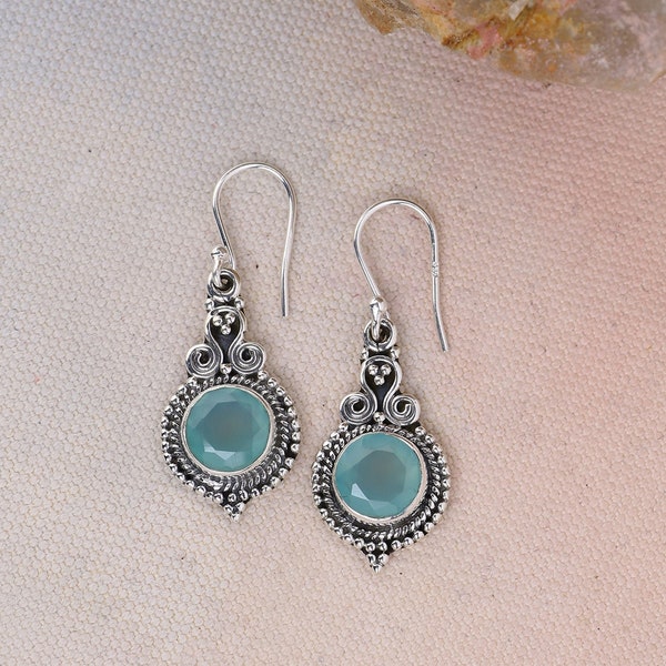 Aqua Chalcedony Gemstone Solid 925 Sterling Silver Designer Handmade Dangle Earrings- March Birthstone