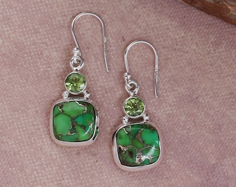 Green Copper Turquoise Peridot Gemstone Solid 925 Sterling Silver Designer Handmade Dangle Earrings- December Birthstone