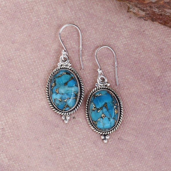 Blue Copper Turquoise Gemstone Solid 925 Sterling Silver Designer Handmade Dangle Earrings- December Birthstone