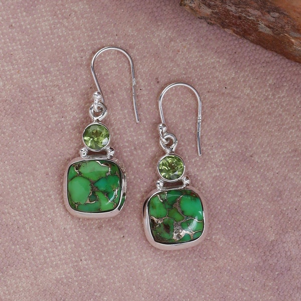 Green Copper Turquoise Peridot Gemstone Solid 925 Sterling Silver Designer Handmade Dangle Earrings- December Birthstone