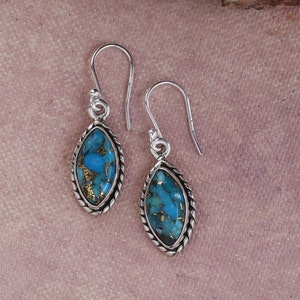 Blue Copper Turquoise Gemstone Solid 925 Sterling Silver Designer Handmade Dangle Earrings- December Birthstone