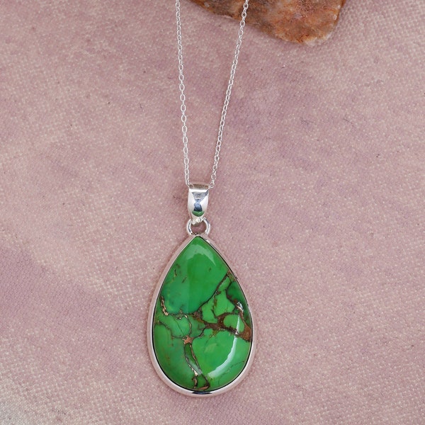 Green Copper Turquoise Gemstone Solid 925 Sterling Silver Designer Handmade Pendant Necklace With Chain - December Birthstone