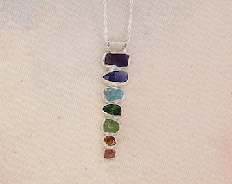 7 Chakras Stone Healing Handmade Pendant Necklace Jewelry with Real Raw Gemstones,  Solid 925 Sterling Silver Chain for Women