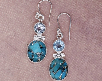 Blue Copper Turquoise Blue Topaz Gemstone Solid 925 Sterling Silver Designer Handmade Dangle Earrings- December Birthstone