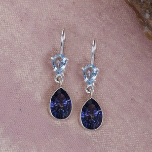 Blauquarz Blautopas Edelstein massiv 925 Sterling Silber Designer Handgemachte Ohrringe - Dezember Geburtsstein