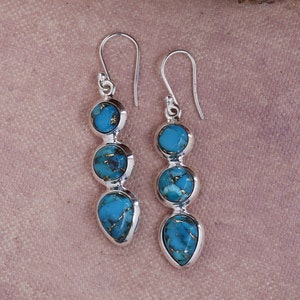 Blue Copper Turquoise Gemstone Solid 925 Sterling Silver Designer Handmade Dangle Earrings- December Birthstone