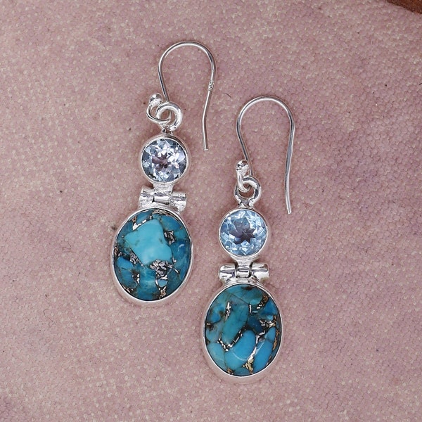Blue Copper Turquoise Blue Topaz Gemstone Solid 925 Sterling Silver Designer Handmade Dangle Earrings- December Birthstone