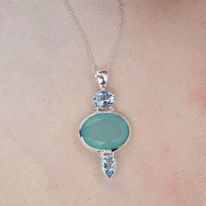 Aqua Chalcedony Blue Topaz Gemstone Solid 925 Sterling Silver Designer Handmade Pendant Necklace With Chain - March Birthstone