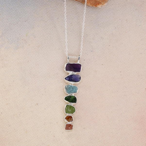 7 Chakras Stone Healing Handmade Pendant Necklace Jewelry with Real Raw Gemstones,  Solid 925 Sterling Silver Chain for Women