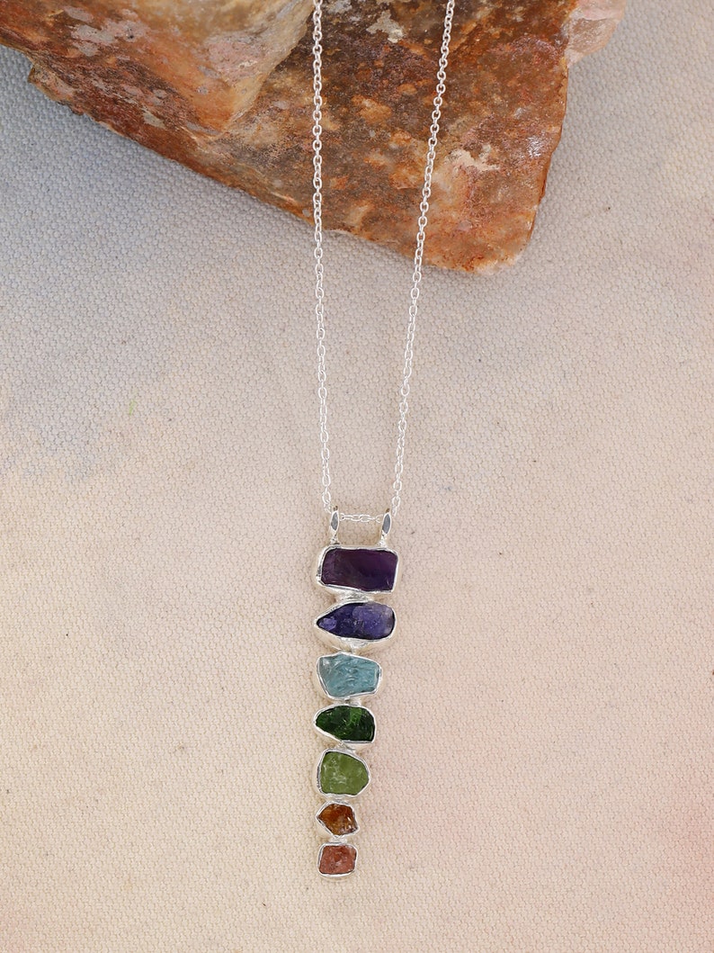 7 Chakras Stone Healing Handmade Pendant Necklace Jewelry with Real Raw Gemstones,  Solid 925 Sterling Silver Chain for Women 