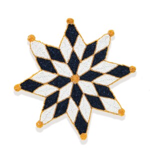 May include: A beaded star-shaped decorative item with a geometric pattern. The design features alternating diamond shapes in navy blue and white, outlined with gold beads. Gold beads also accent the star's points.