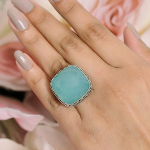 Aqua Chalcedon Edelstein massiv 925 Sterling Silber Designer Handarbeit Cocktail Ring - März Geburtsstein