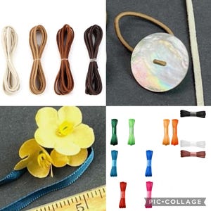 Può includere: Una collezione di articoli per il fai da te che include quattro matasse di cordino in pelle color crema, beige, marrone e marrone scuro, un elastico per capelli con un grande bottone in madreperla iridescente, fiori in tessuto giallo e cordini elastici.