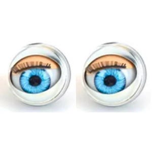 May include: Two doll eyes with bright blue irises, black pupils, and light brown eyelashes. The eyes are set in a clear, round, metallic casing, creating a realistic appearance. Ideal for doll making or craft projects.