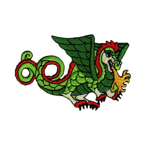 May include: Green embroidered dragon with red and yellow accents. The dragon has wings and a curled tail.