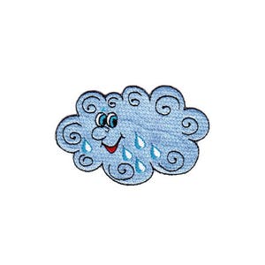 Könnte beinhalten: Eine blaue Cartoon-Wolke mit einem lächelnden Gesicht und Regentropfen, die von ihr fallen. Die Wolke hat ein Wirbelmuster.