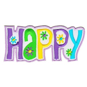 Puede incluir: Un parche bordado colorido con la palabra "HAPPY" en una fuente caprichosa. Las letras están delineadas en morado y rellenas de varios colores, incluidos amarillo, verde y azul. Cada letra tiene un pequeño diseño de flor en el centro.
