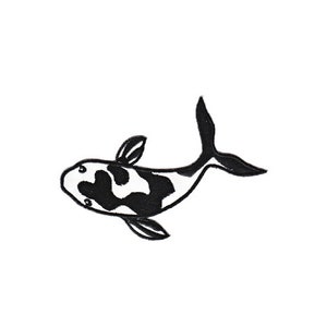 May include: Black and white illustration of a koi fish swimming. The fish has a black body with white spots and a white belly.