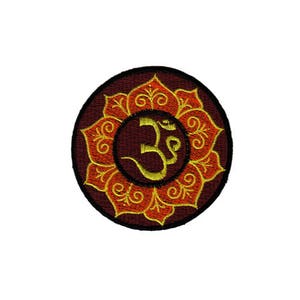 May include: Embroidered patch featuring a gold Om symbol within a red and orange mandala design.