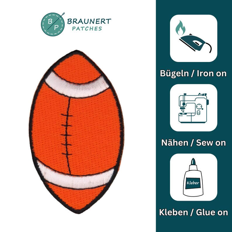 May include: An orange and white embroidered iron-on patch of an American football. The patch is labeled "B&uuml;geln / Iron on", "N&auml;hen / Sew on", and "Kleben / Glue on".