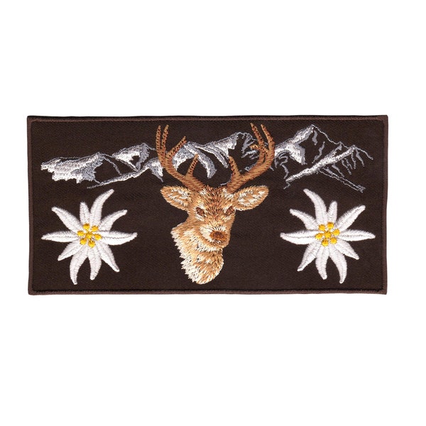 ap53 Alpen Edelweiß Hirsch Dunkelbraun Aufnäher Aufbügler Bügelbild Tracht Applikation Patch Flicken 13,0 x 6,5 cm