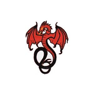 Könnte beinhalten: Roter Drache mit schwarzen Flügeln und einem Schwanz, der sich zu einem Kreis zusammenrollt. Der Drache hat ein gelbes Auge und eine rote Zunge.