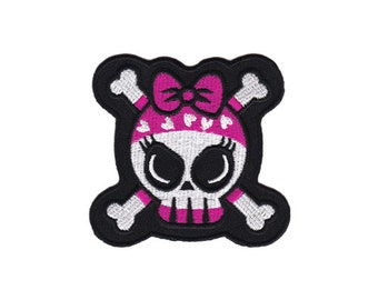 bg34 Skull White Pink Bow Girly Tattoo Skull Sew-On Iron-On Applique Patch Size 8.2 x 7.9 cm