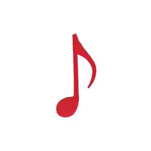 Puede incluir: Una sola nota musical roja, un símbolo común para la música y el sonido.
