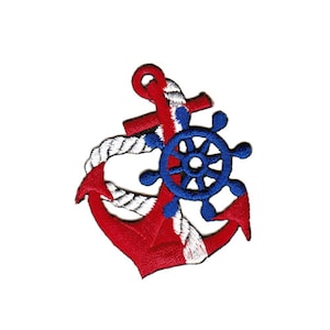Op de afbeelding: Gestikt patch met een rode, witte en blauwe anker en scheepsrad.