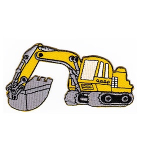 Könnte beinhalten: Gelber gestickter Bügelaufkleber mit einem Bagger mit einem grauen Löffel.