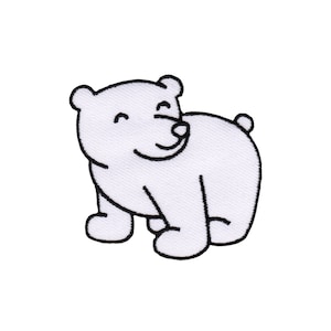 Könnte beinhalten: Ein weißer Eisbär-Cartoon mit schwarzen Umrissen. Der Bär lächelt und steht auf allen vieren.