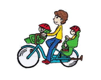 ah68 Fahrrad Mutter Kinder Aufnäher Bügelbild Applikation Patch Flicken Größe 8,0 x 7,0 cm