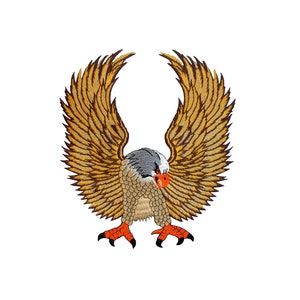 Könnte beinhalten: Gestickter Bügel-Patch mit einem braunen und goldenen Adler mit ausgebreiteten Flügeln. Der Adler hat einen grauen Kopf und einen roten Schnabel.