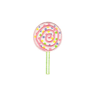 Op de afbeelding: Een roze en witte lolly met een swirl-ontwerp en kleurrijke stippen. De lolly zit op een groene stok.